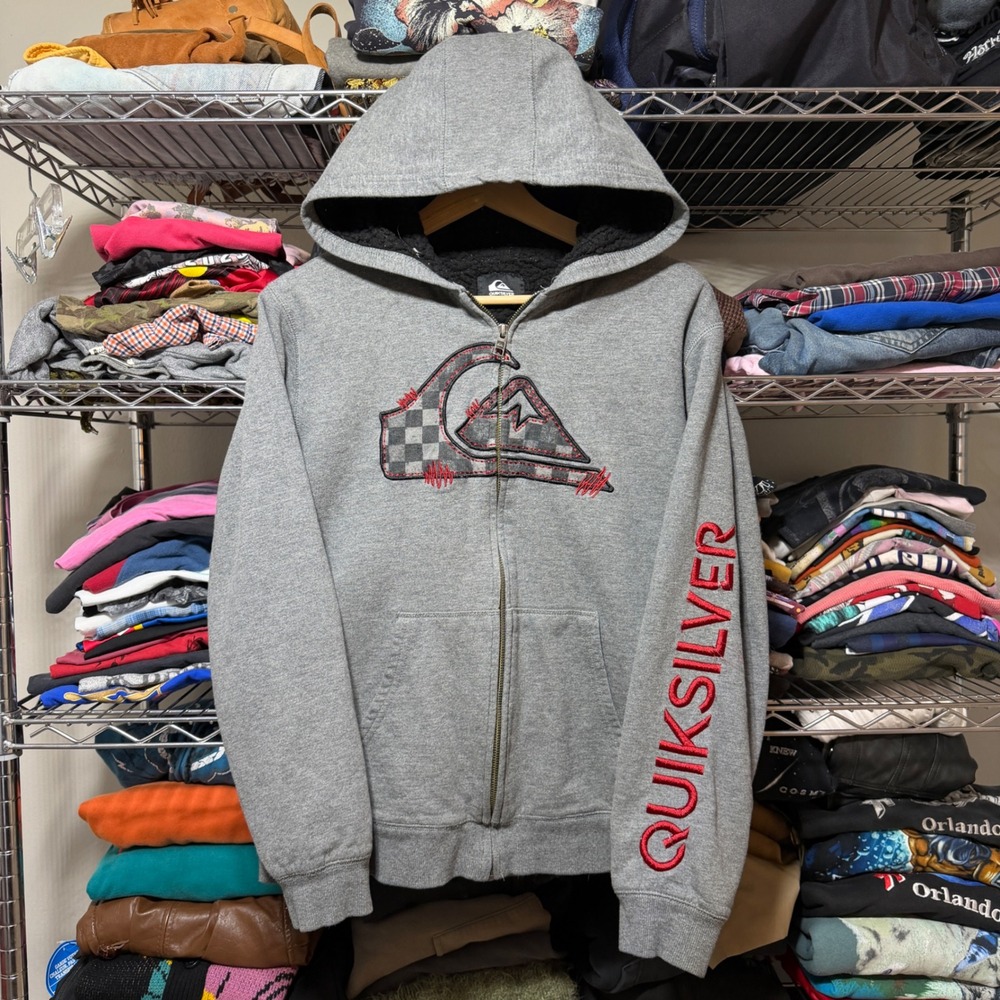 Quiksilver Hoodie Mens XS Gray Full Zip Sherpa Lined Embroidered Logo Surf Skate